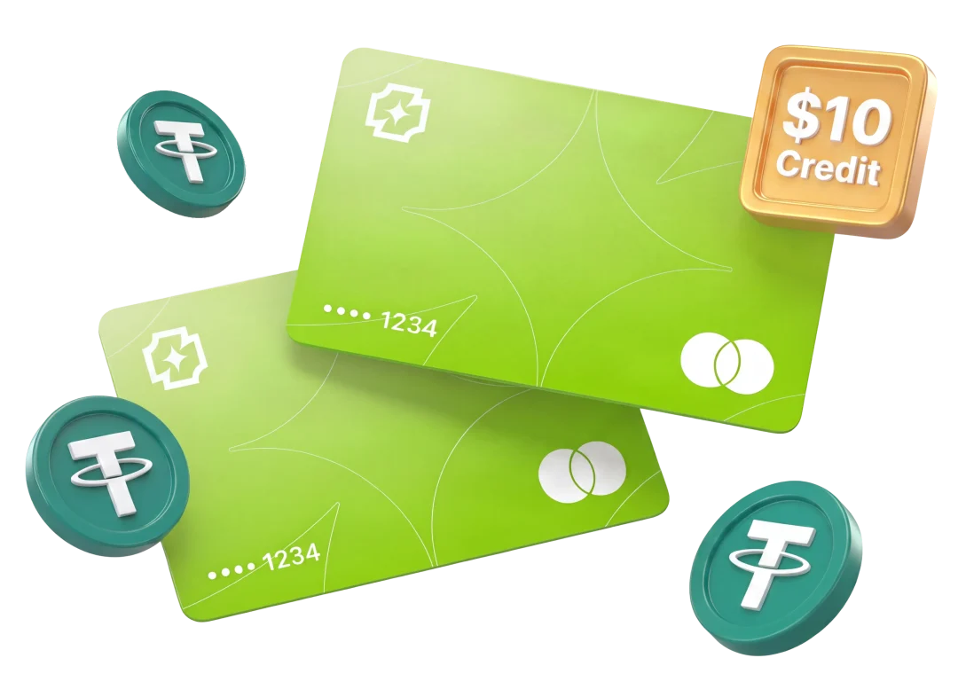 Two Sparq cards with USDT coins and a $10.00 credit badge.